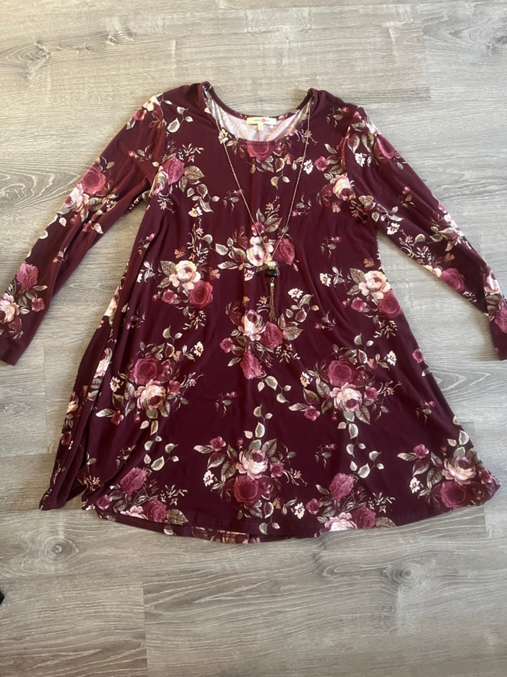 Wishful Park Burgundy Floral Long-Sleeve Swing Dress